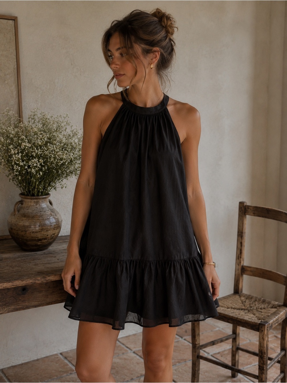 RW&Co. Women's Black Halter Ruffle Hem Swing Dress